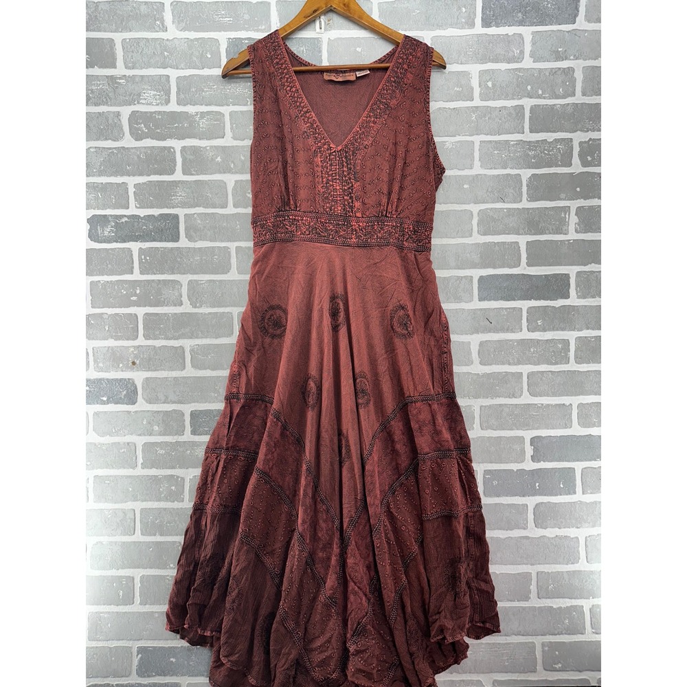 Agan Traders Terracotta Red Embroidered Boho Maxi Dress XL 1X Acid Wash Tiered